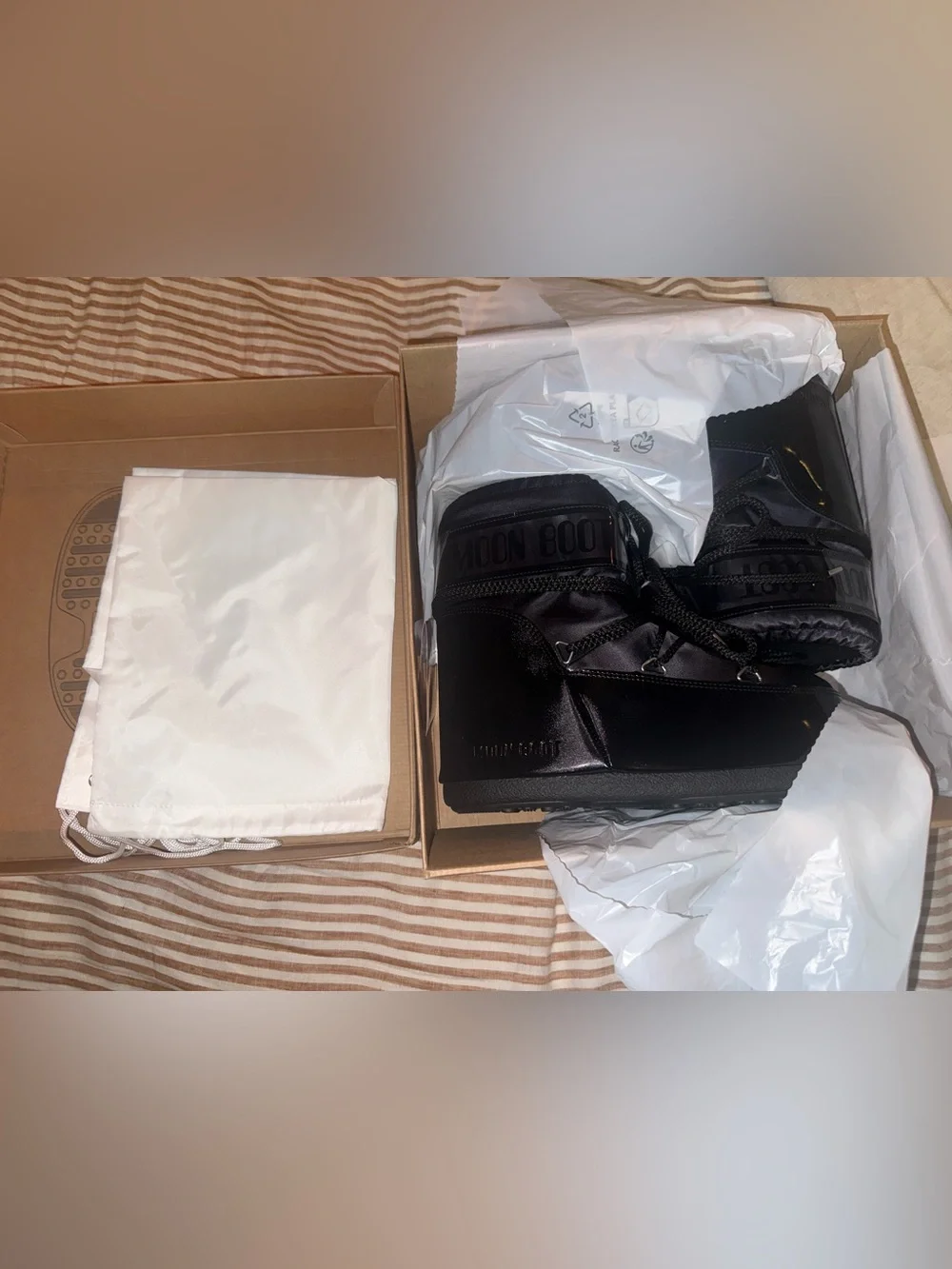 Moon Boot- ICON LOW GLANCE BLACK SATIN BOOTS (NEW)